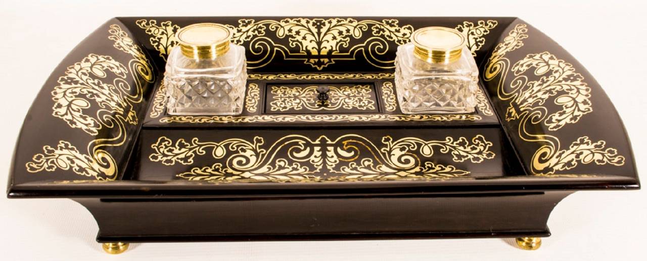 Antique French Boulle Cut Brass Inlaid Inkstand c.1840 In Excellent Condition In London, GB