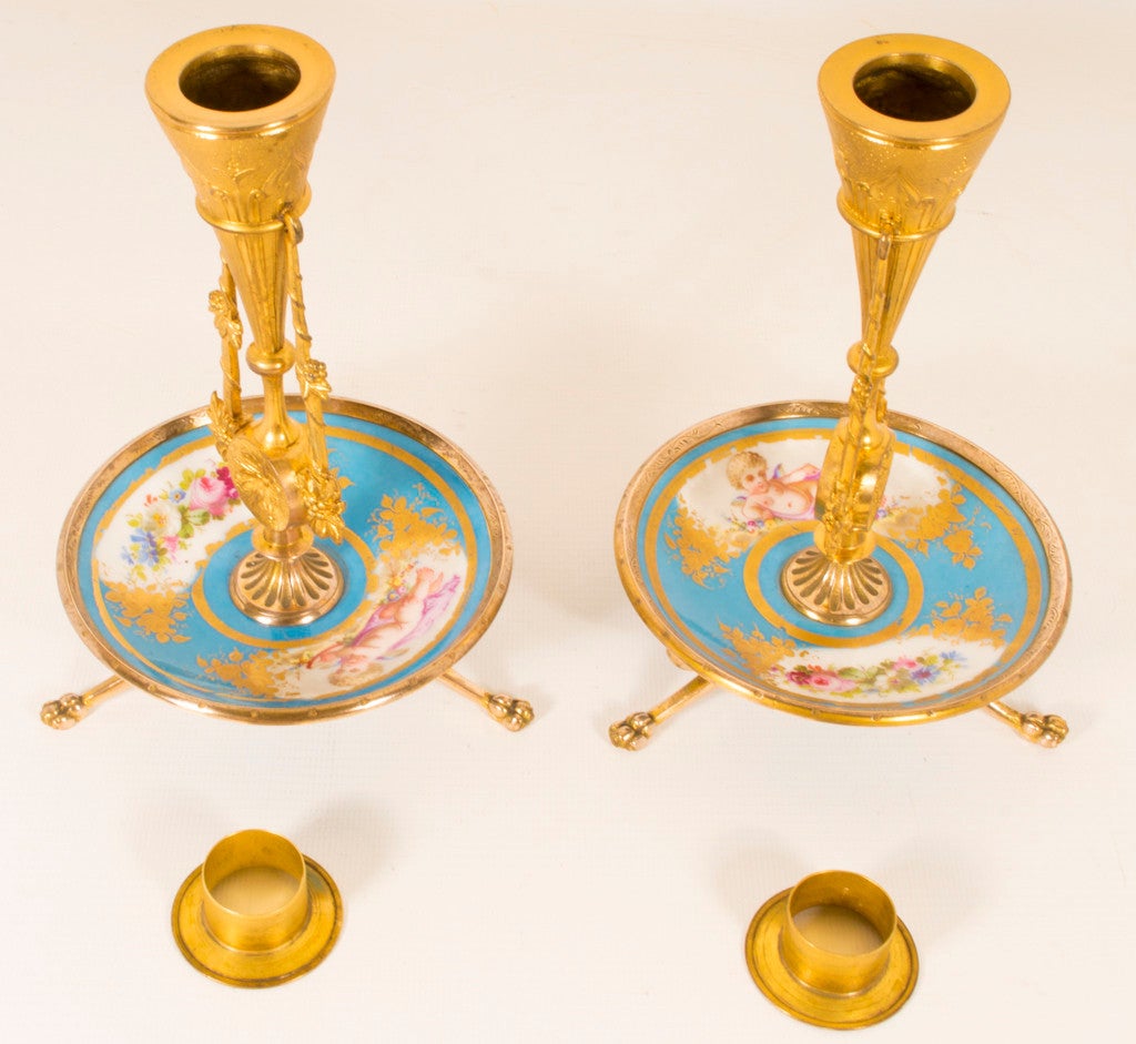 Antique Pair Sevres Porcelain Ormolu Candlesticks c1880 In Good Condition In London, GB