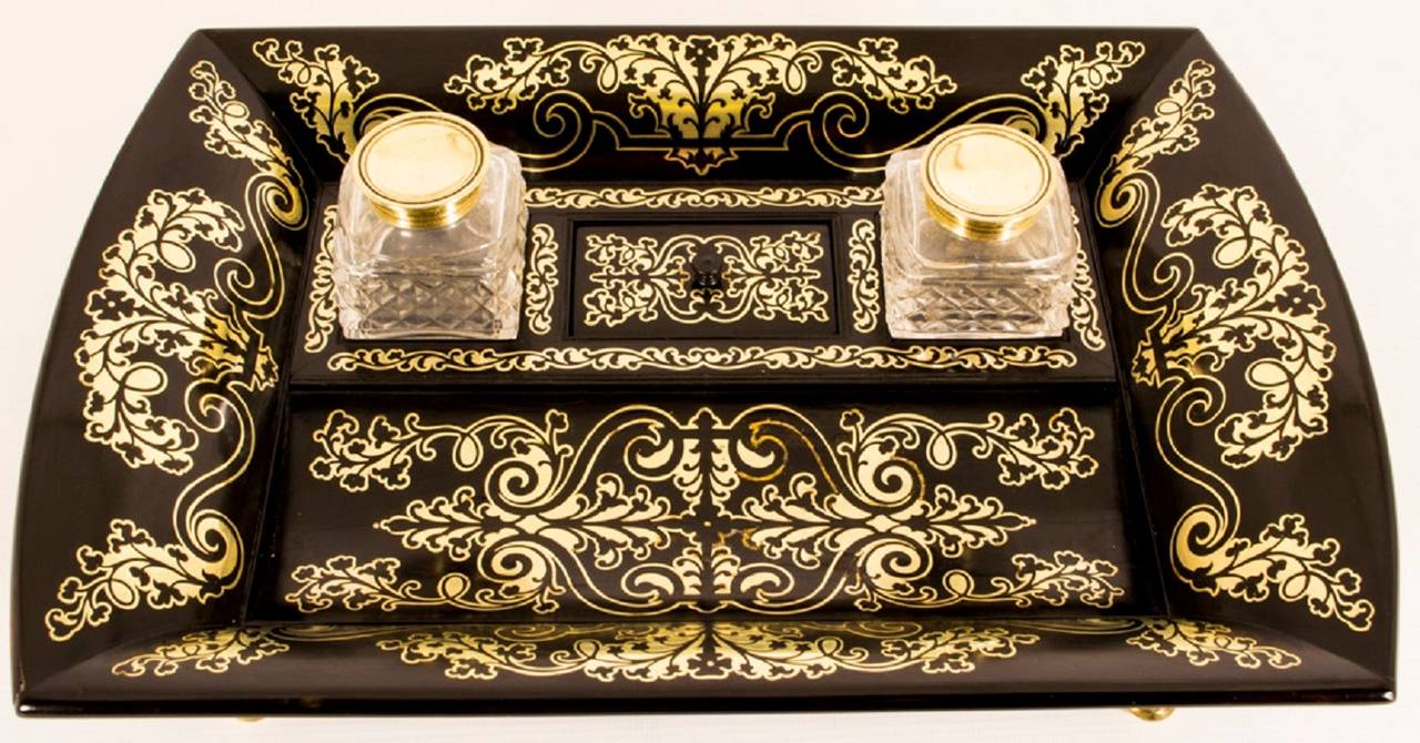 Mid-19th Century Antique French Boulle Cut Brass Inlaid Inkstand c.1840