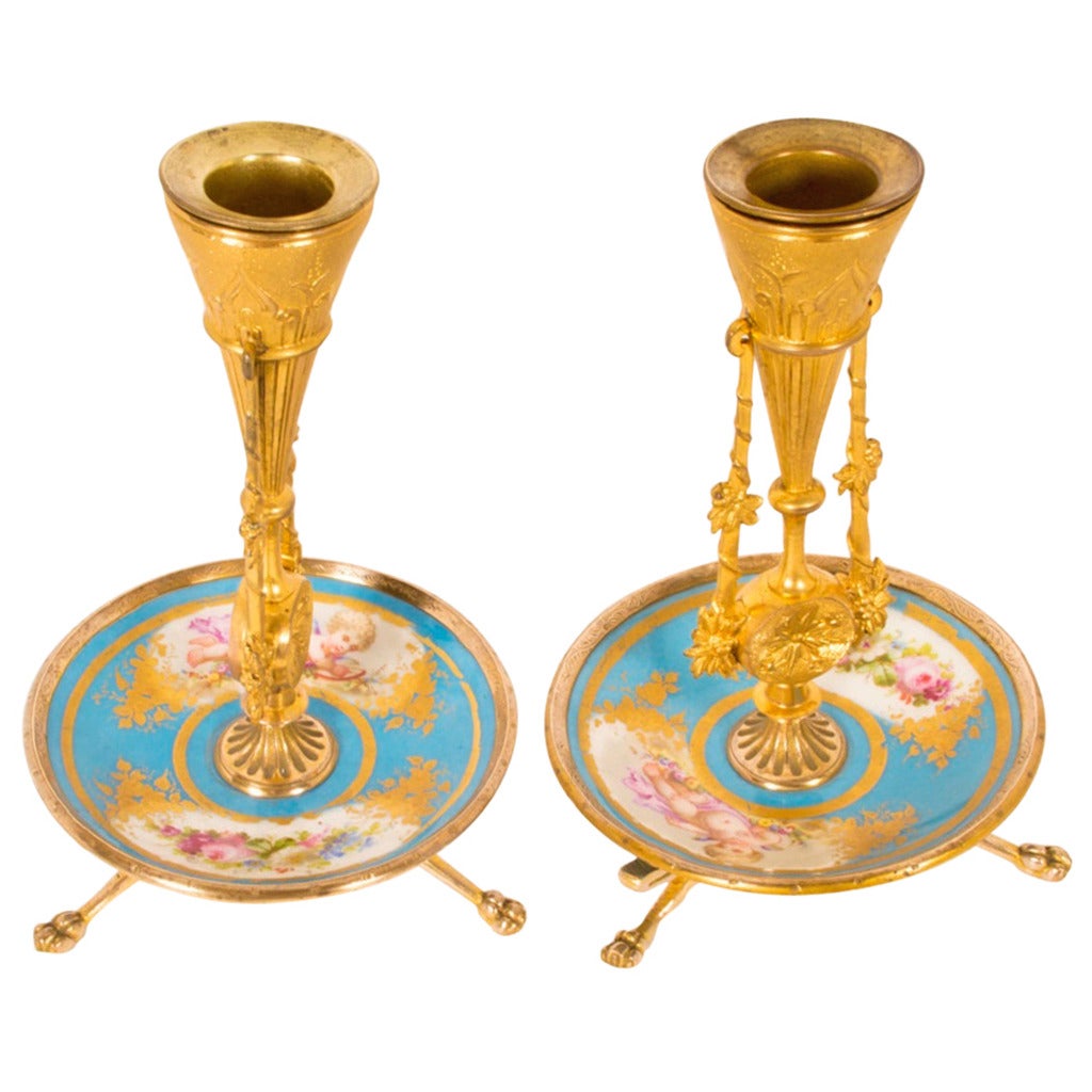 Antique Pair Sevres Porcelain Ormolu Candlesticks c1880