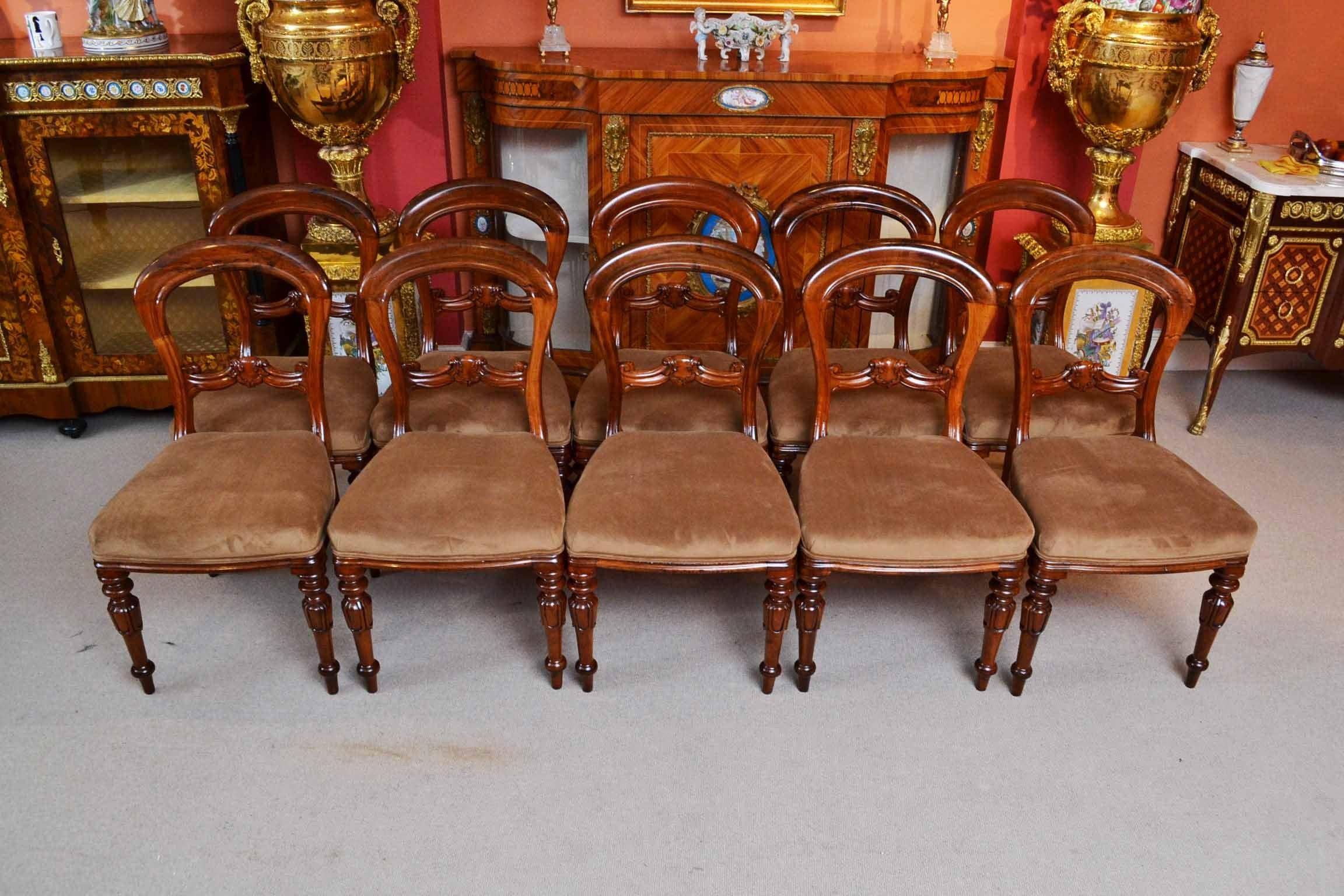 Antique Set of 10 Victorian Balloon Back Dining Chairs