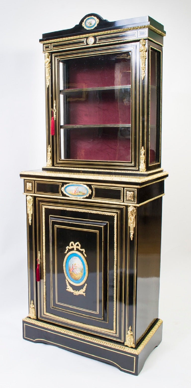 Antique Ebonised Display Cabinet Sevres Plaques c.1860