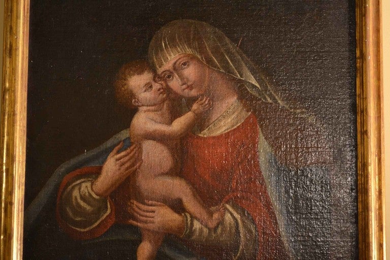 Madonna with Child 

Classical portrait of Our Lady with baby Jesus in her arms. The painting is signed on the bottom left corner. It was painted in the early 18th Century and the artist followed the style of the 17th Century German School. 
