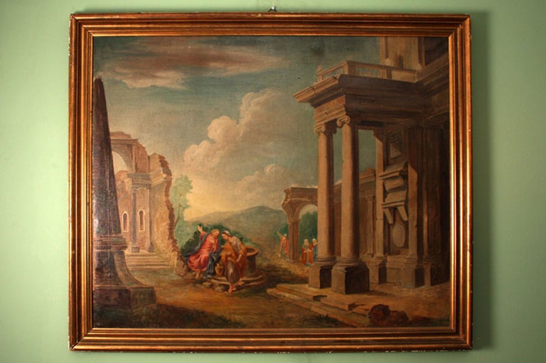 This is a beautiful capriccio, a decorative painting showing a fantasy landscape of Classical Romanesque ruins animated with characters at play, circa 1880.

It is in early 17th century style and painted by an artist of the German School in the 19th