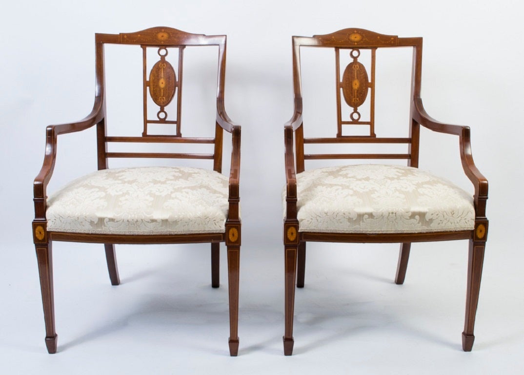 Antique Pair Edwardian Mahogany Inlaid Armchairs circa 1900