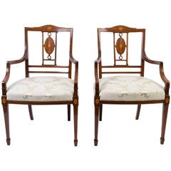 Antique Pair Edwardian Mahogany Inlaid Armchairs circa 1900