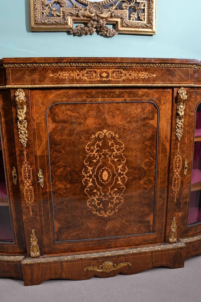 English Antique Victorian Burr Walnut Inlaid Credenza C1860