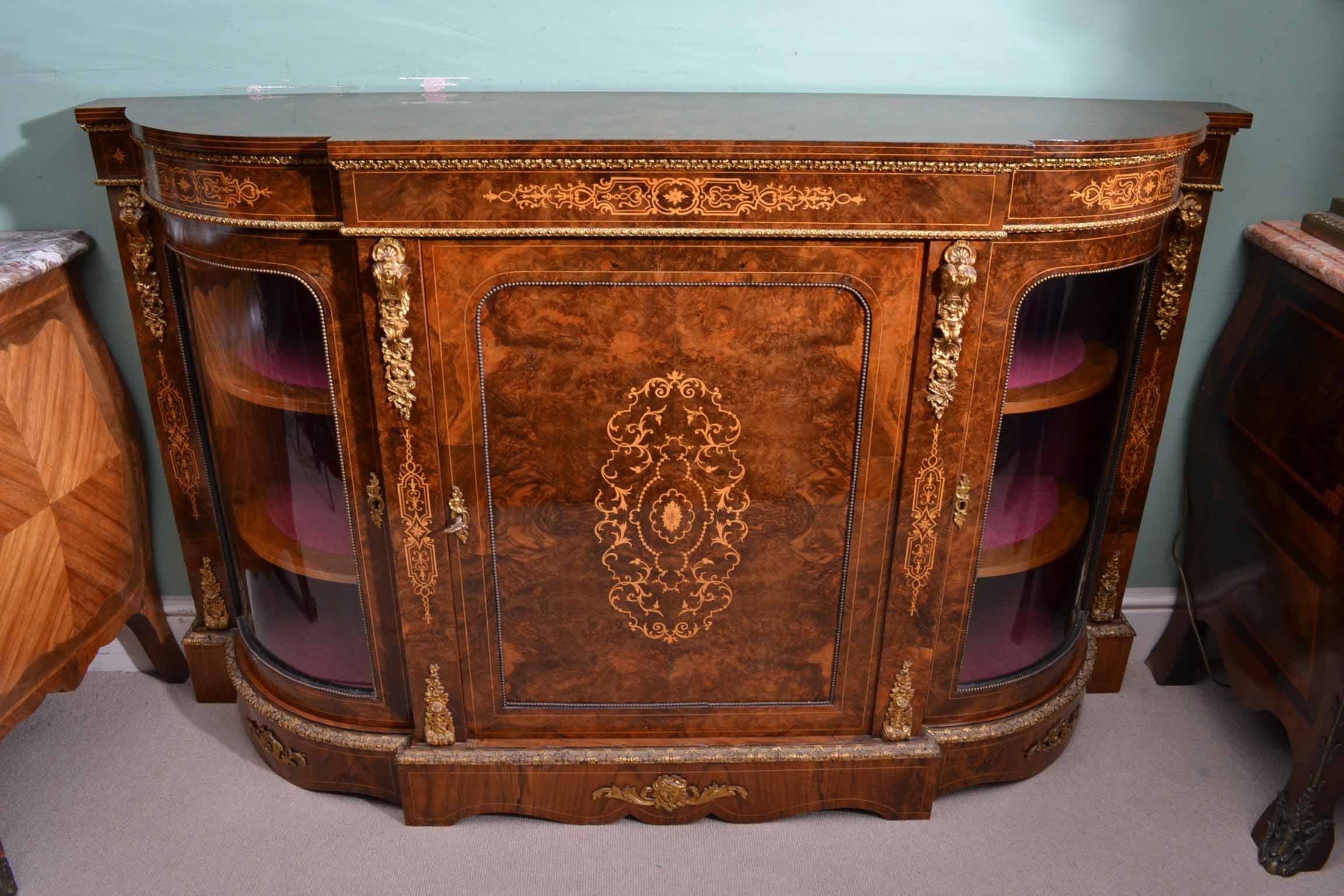 Antique Victorian Burr Walnut Inlaid Credenza C1860