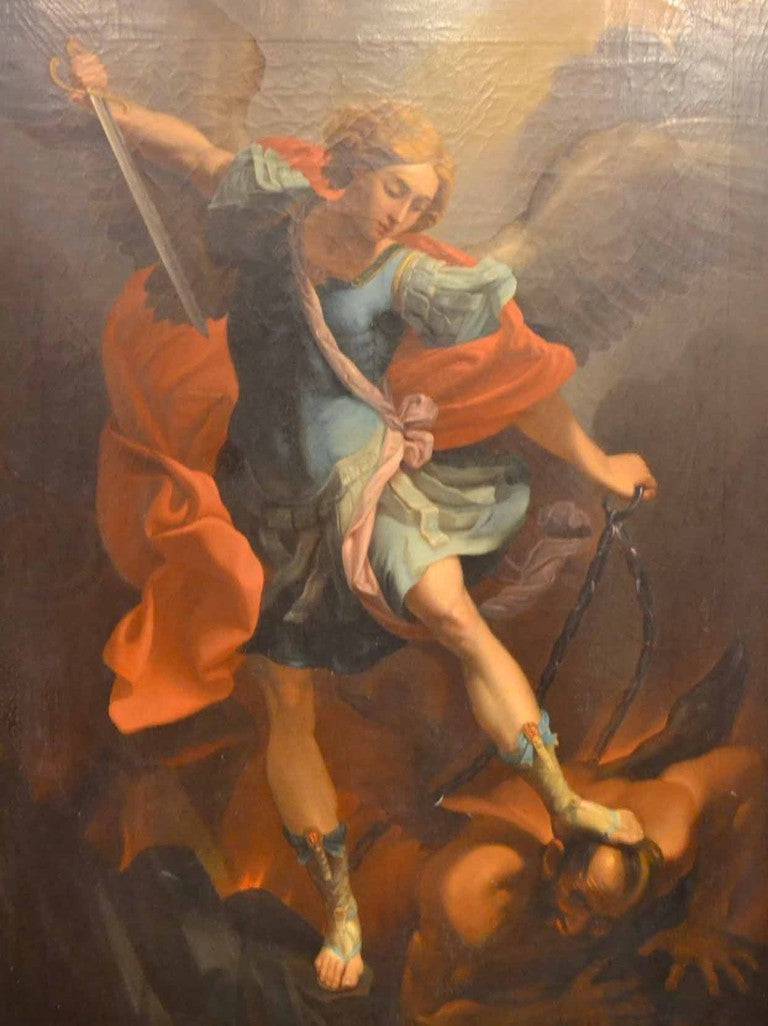 This is a beautiful oil painting on canvas, Circa 1880 in date and in its original fabulous gilded carved wood, foliate Florentine frame. It is after the original XVII Century old master painting by Guido Reni. 

The painting represents St Michael