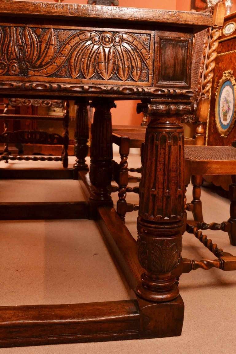 English Antique Oak Refectory Dining Table & 8 Chairs