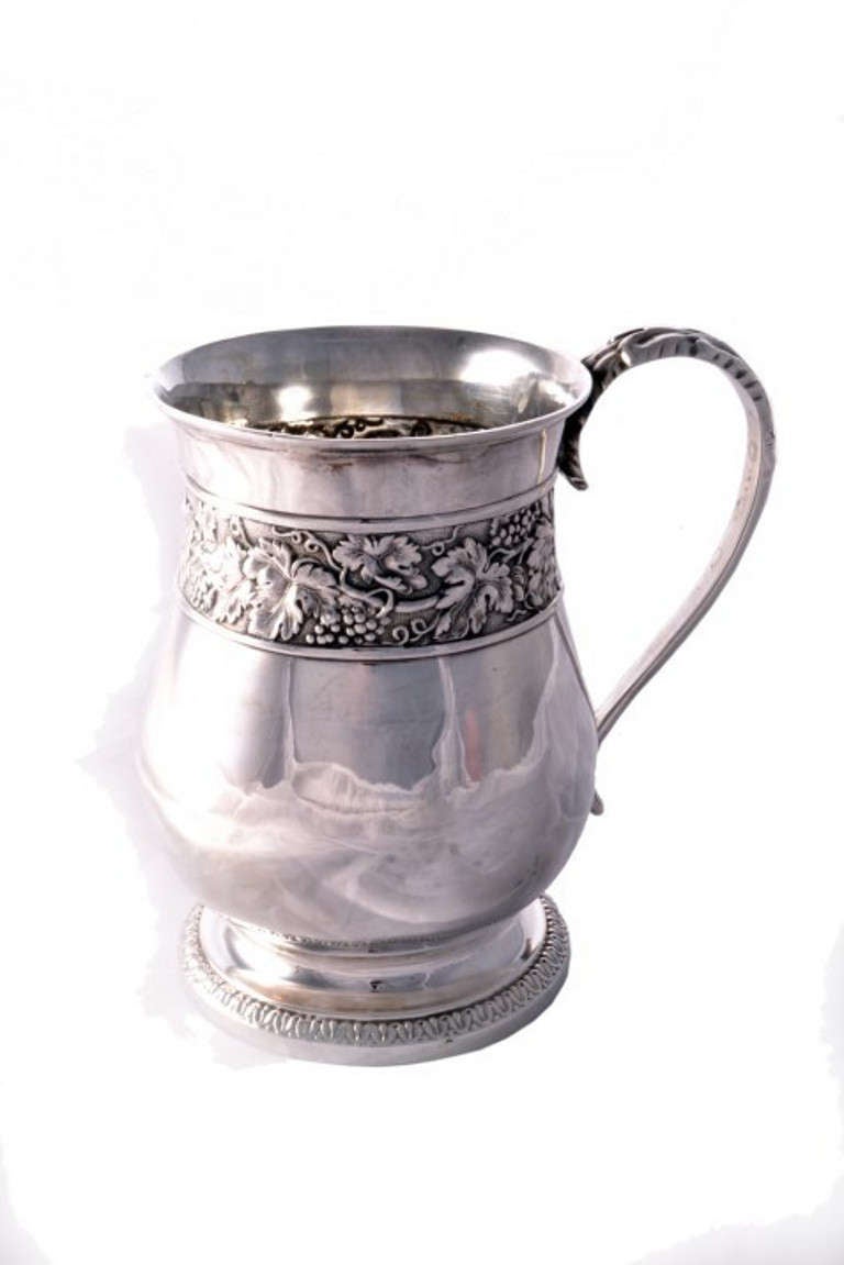 This is a wonderful English antique sterling silver 1 Pint mug by the world famous silversmith Paul Storr, it has hallmarks for London 1814 and the makers mark of Paul Storr.
It has wonderful embossed floral decoration, a really beautiful handle,