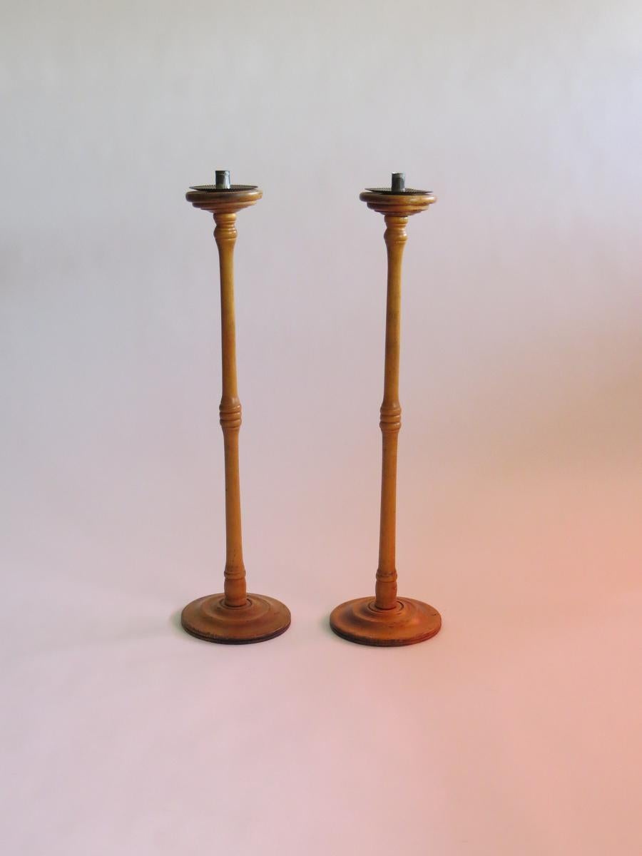 Pair of Wooden Candelabras with Tin Candle Holders from 1880s For Sale