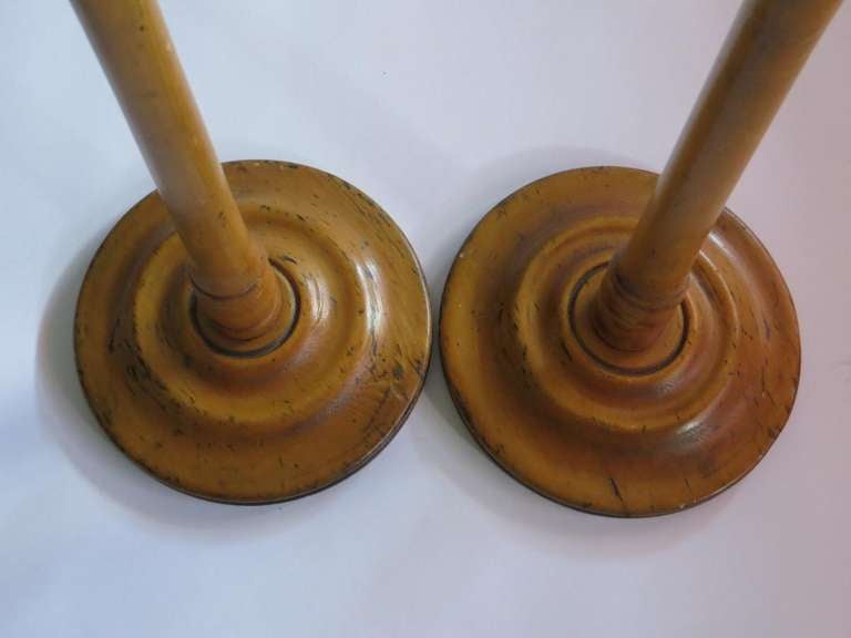 Primitive Pair of Wooden Candelabras with Tin Candle Holders from 1880s For Sale
