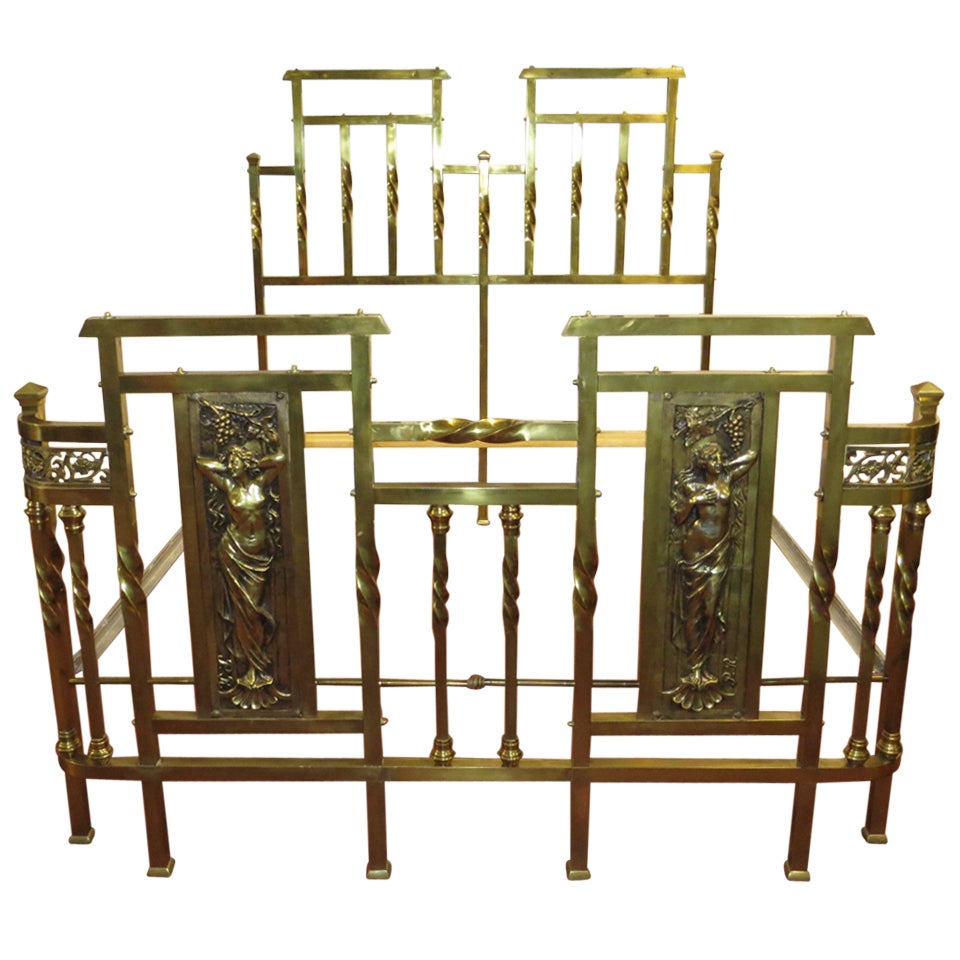 Art Nouveau brass queen size bed  For Sale
