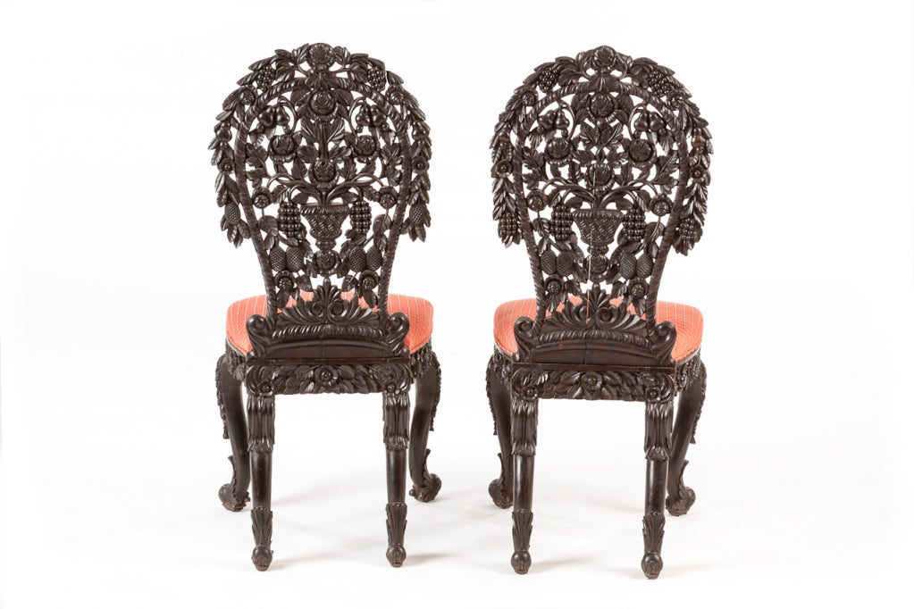 19th Century Pair carved ebony Burmese side chairs For Sale