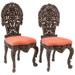 Pair carved ebony Burmese side chairs