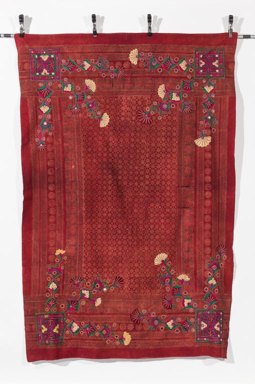 Wood Block Printed Cotton with Embroidered Corners