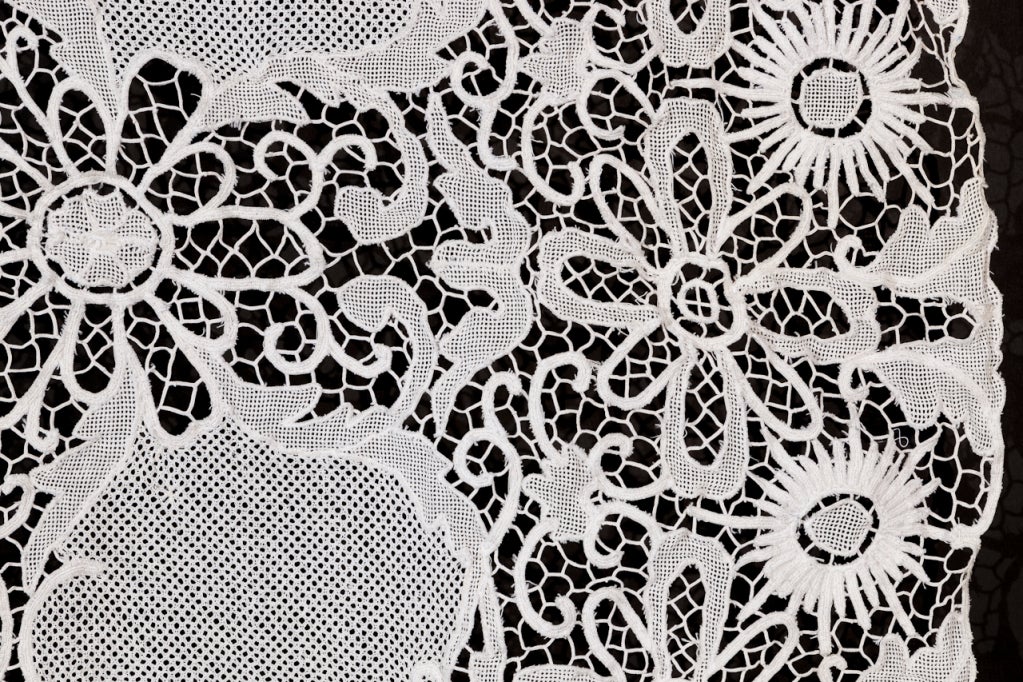 American Linen White Cutwork With Floral And Peacock Design Tablecloth For Sale