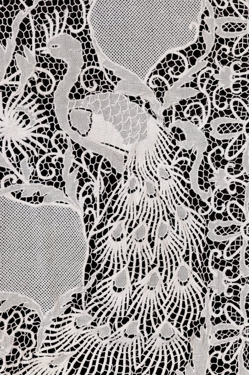 20th Century Linen White Cutwork With Floral And Peacock Design Tablecloth For Sale
