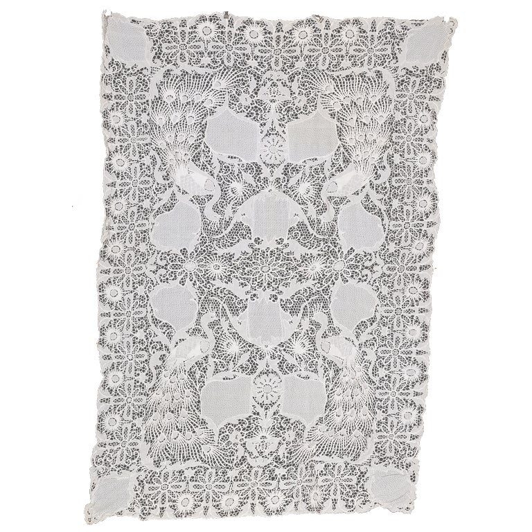Linen White Cutwork With Floral And Peacock Design Tablecloth For Sale