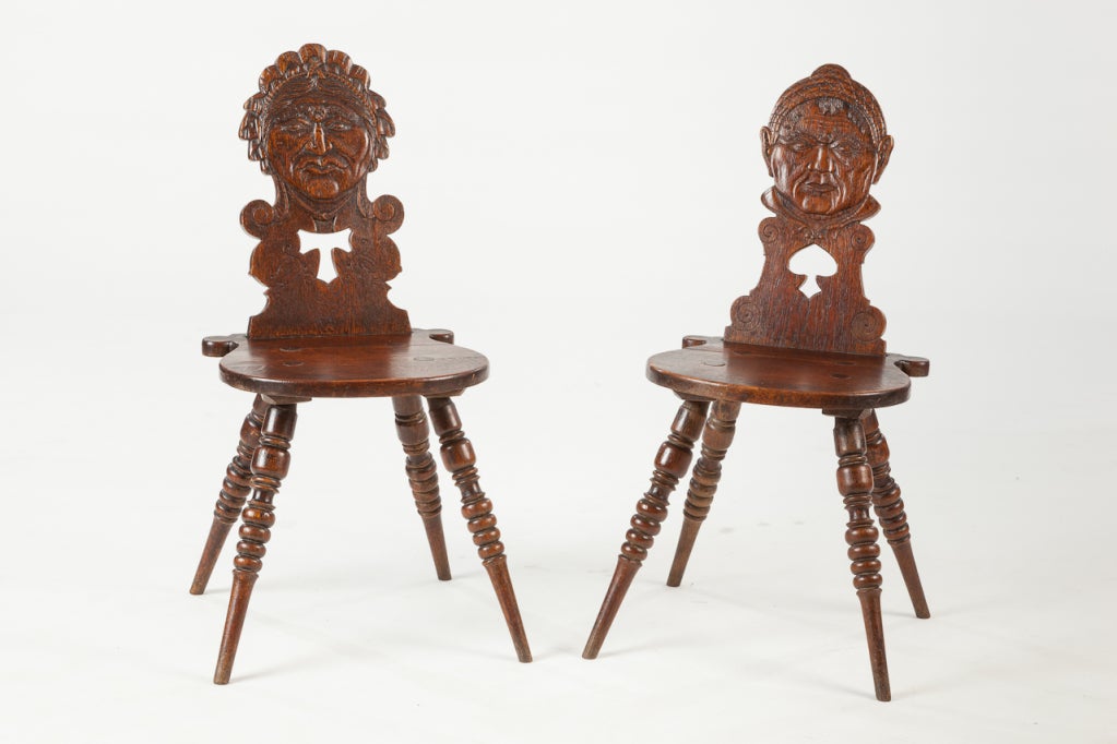Pair oak wooden hand carved chairs
