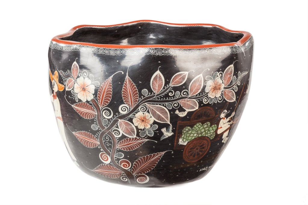 Contemporary Burnished Clay Hand Painted Pot For Sale