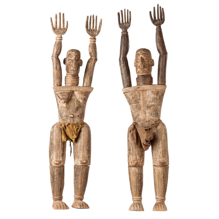 Pair Of Songe Carved Wood African Figures, 20th Century For Sale