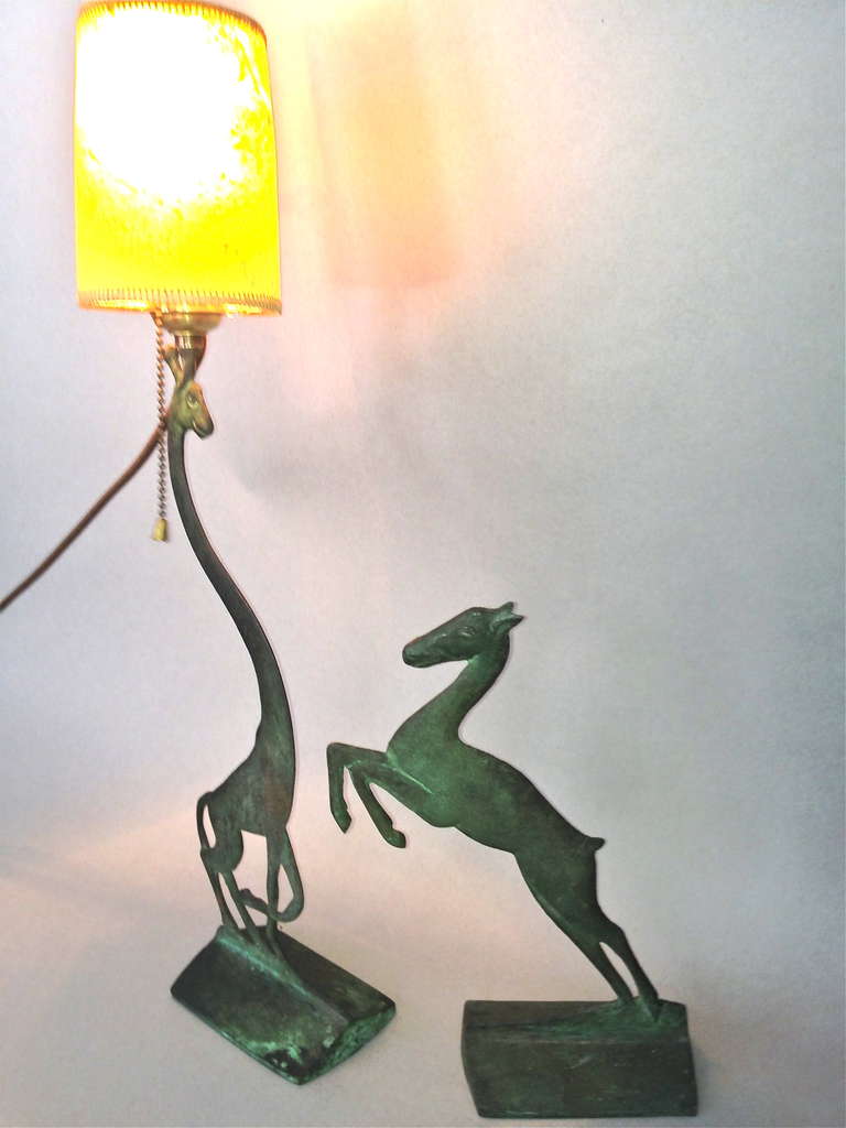 Art Nouveau Bronze Running Giraffe and Stag Lamp Set For Sale