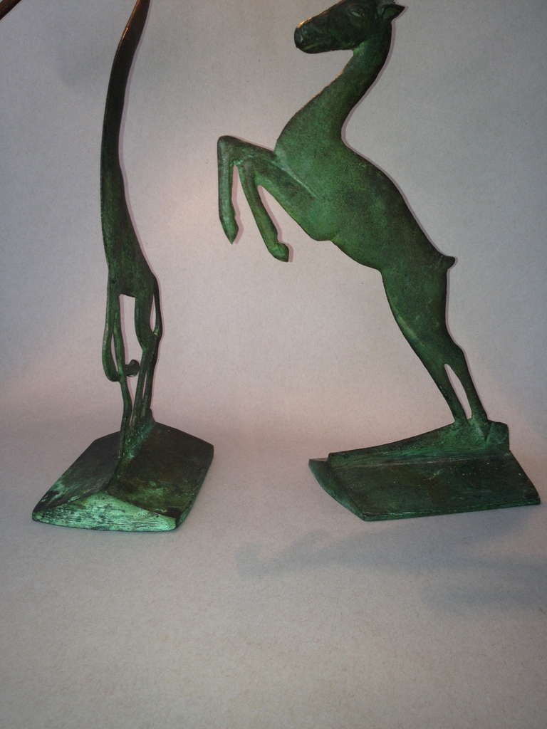 German Bronze Running Giraffe and Stag Lamp Set For Sale