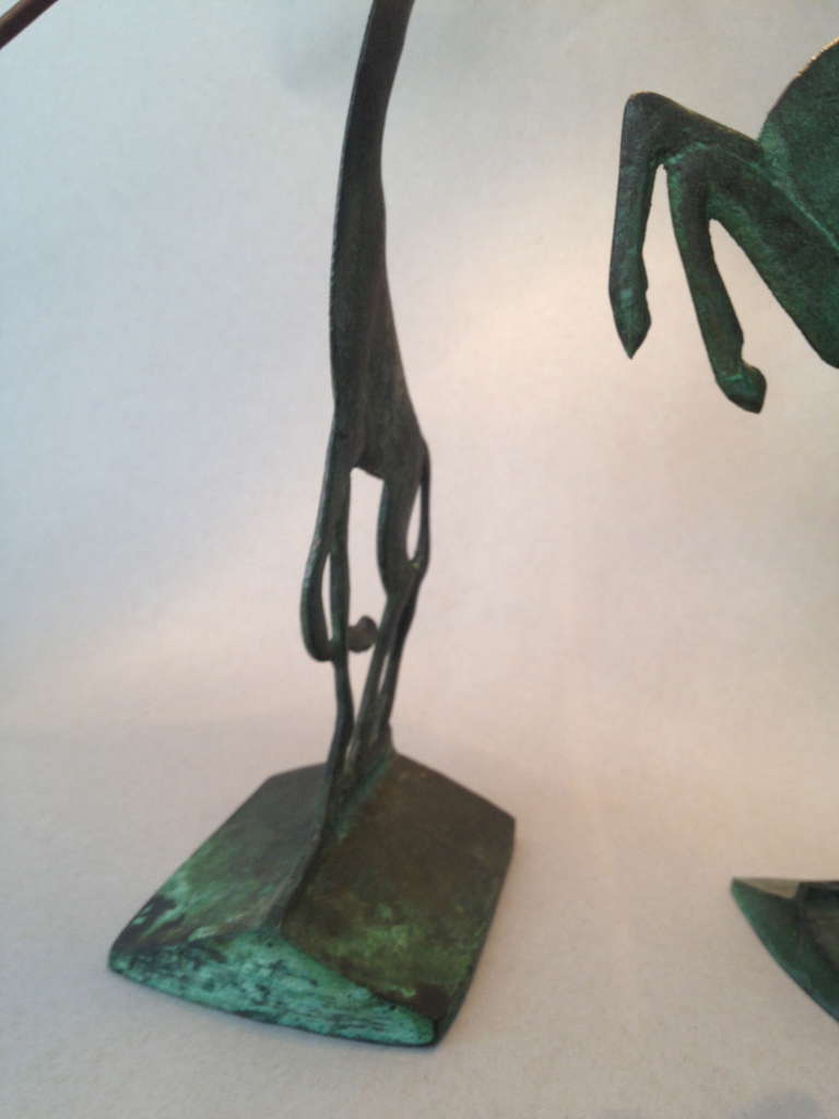 20th Century Bronze Running Giraffe and Stag Lamp Set For Sale
