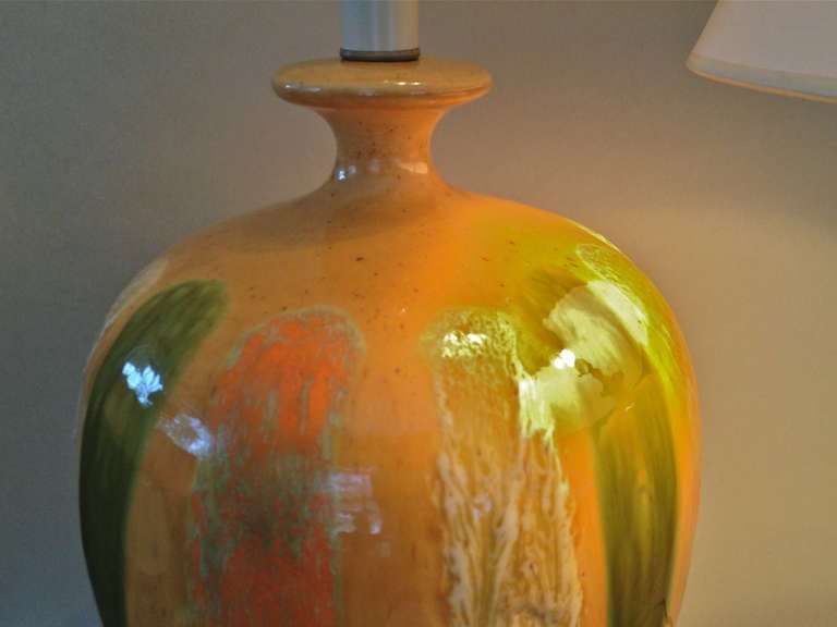 Large, Earthtone Glazed Pottery Lamps For Sale 1