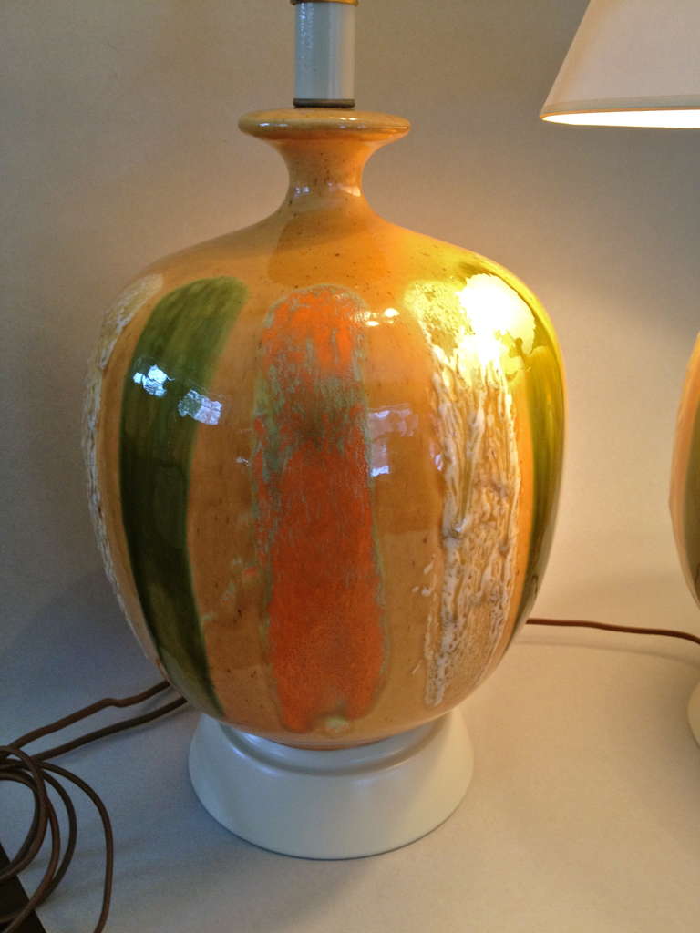 Large, Earthtone Glazed Pottery Lamps For Sale 2
