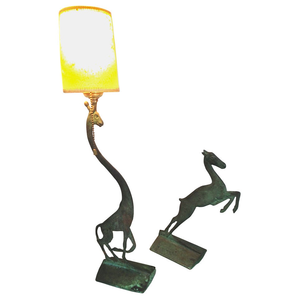 Bronze Running Giraffe and Stag Lamp Set For Sale