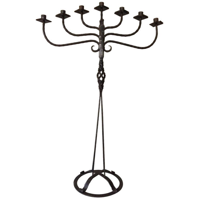 Swedish Seven-Light Hand-Forged Iron Candelabra For Sale