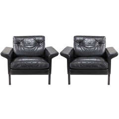 Club Chairs, in Black Leather, by Hans Olsen