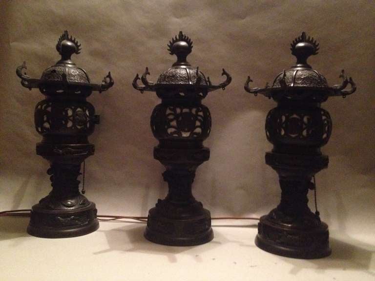 Japonisme Bronze Japanese  Pagoda  Lanterns For Sale