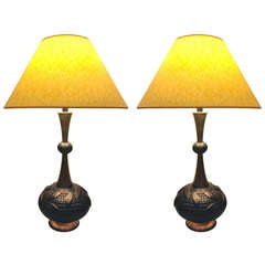 Globe Form Pottery and Brass Lamps