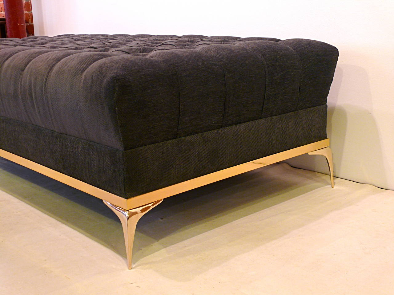 Framed Brass Deep Tufted Stiletto Ottoman In New Condition For Sale In New York, NY