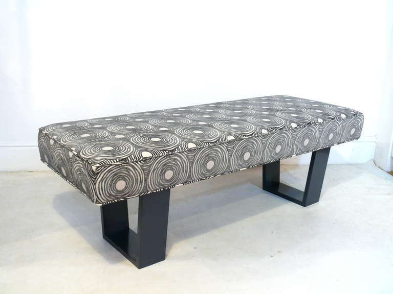 Momentum bench designed by Irwin Feld Design for CF Modern is covered in a stunning circular patterned fabric and supported by solid lacquered geometric shaped legs. Custom sizes, COM and other finishes available. 
Lead time is 8-10weeks. Price