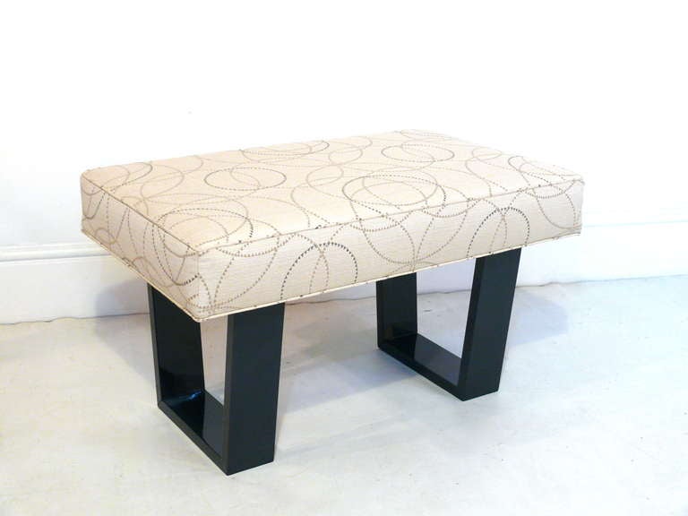Pair of Momentum benches designed by Irwin Feld Design for CF Modern. Benches are covered in metallic zig zag patterned fabric and supported by solid lacquered geometric shaped legs. Custom sizes, COM and other finishes available. Lead time is