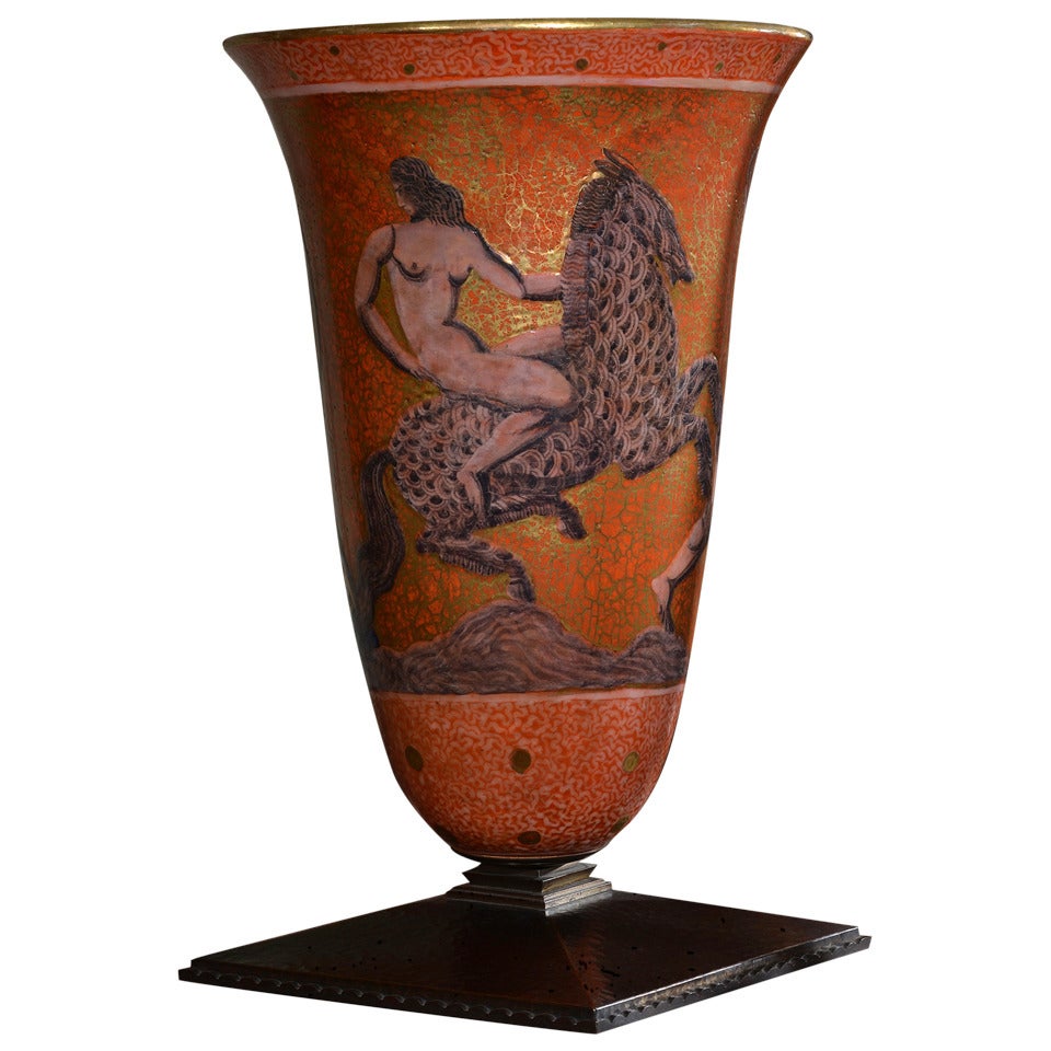 Jean Mayodon Art Deco Large Stoneware Lighted Urn on Bronze Base For Sale