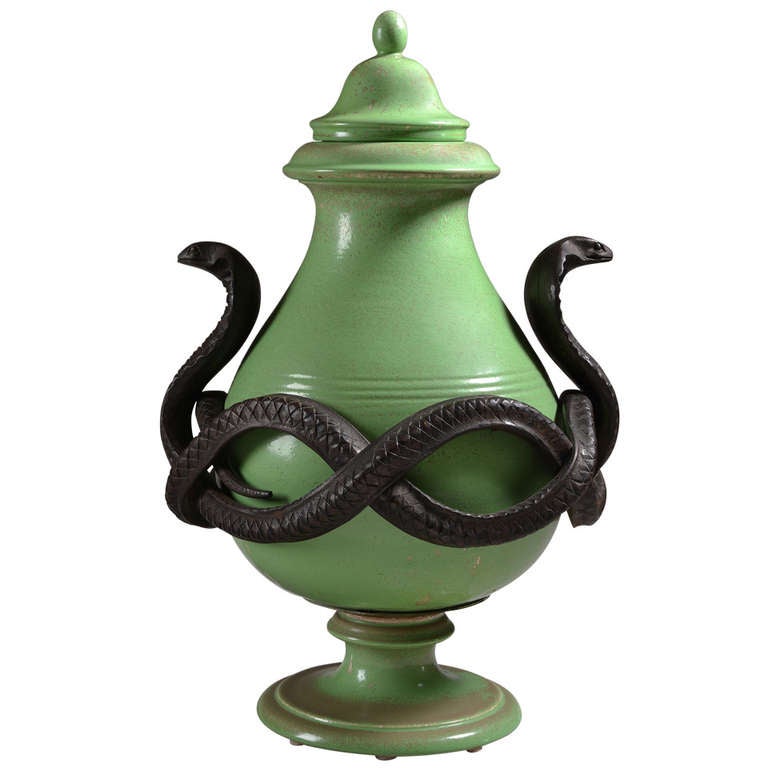 Sèvres and Raymond Subes French Art Deco bronze-mounted ceramic covered jar, 1943, offered by Kelly Gallery