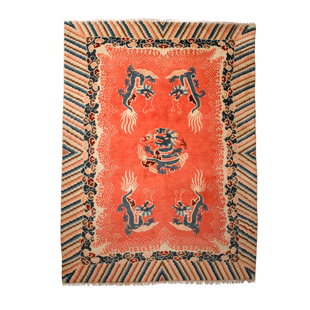 Antique Chinese Dragon Salmon-Colored Carpet For Sale