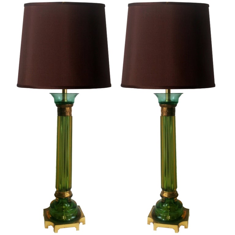 Pair of Seguso Emerald Green Lamps For Sale