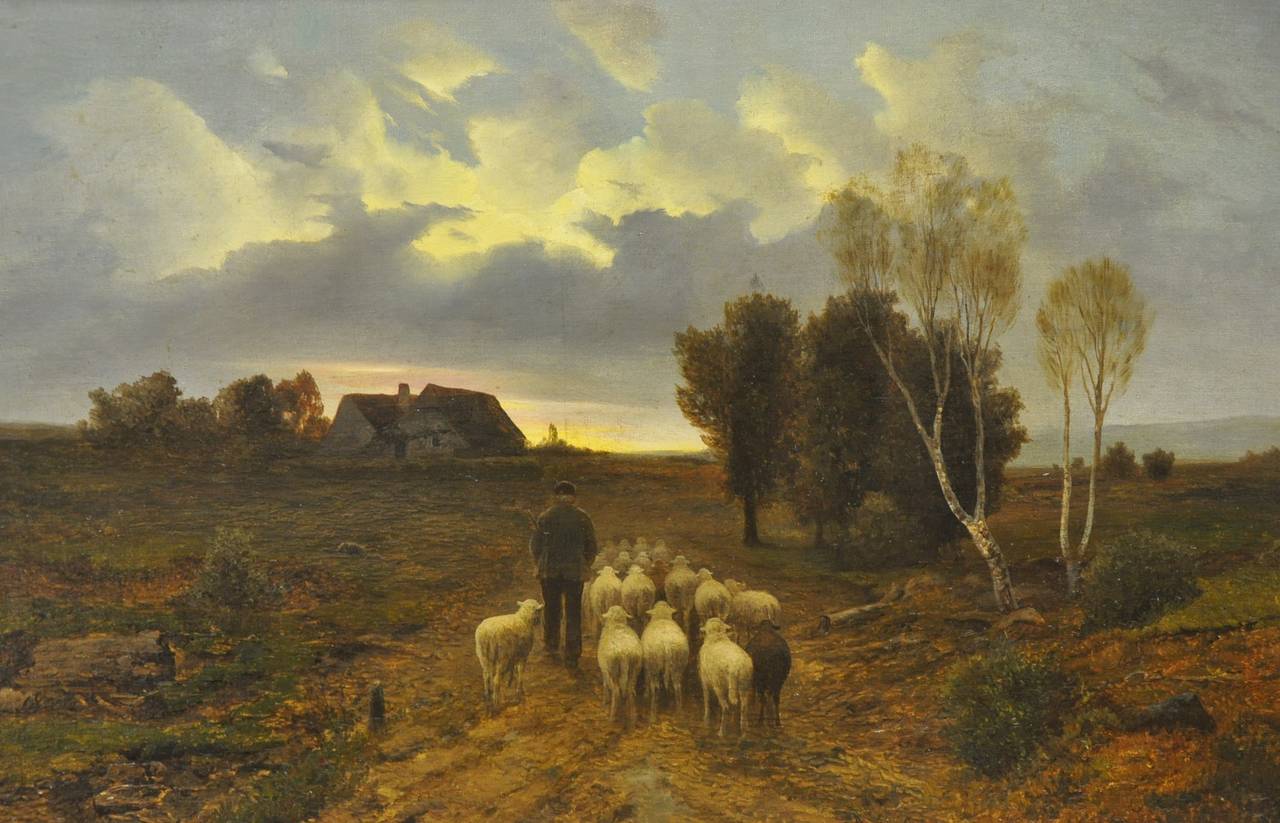 Empire 19th C. French Signed Oil on Canvas with Sheep