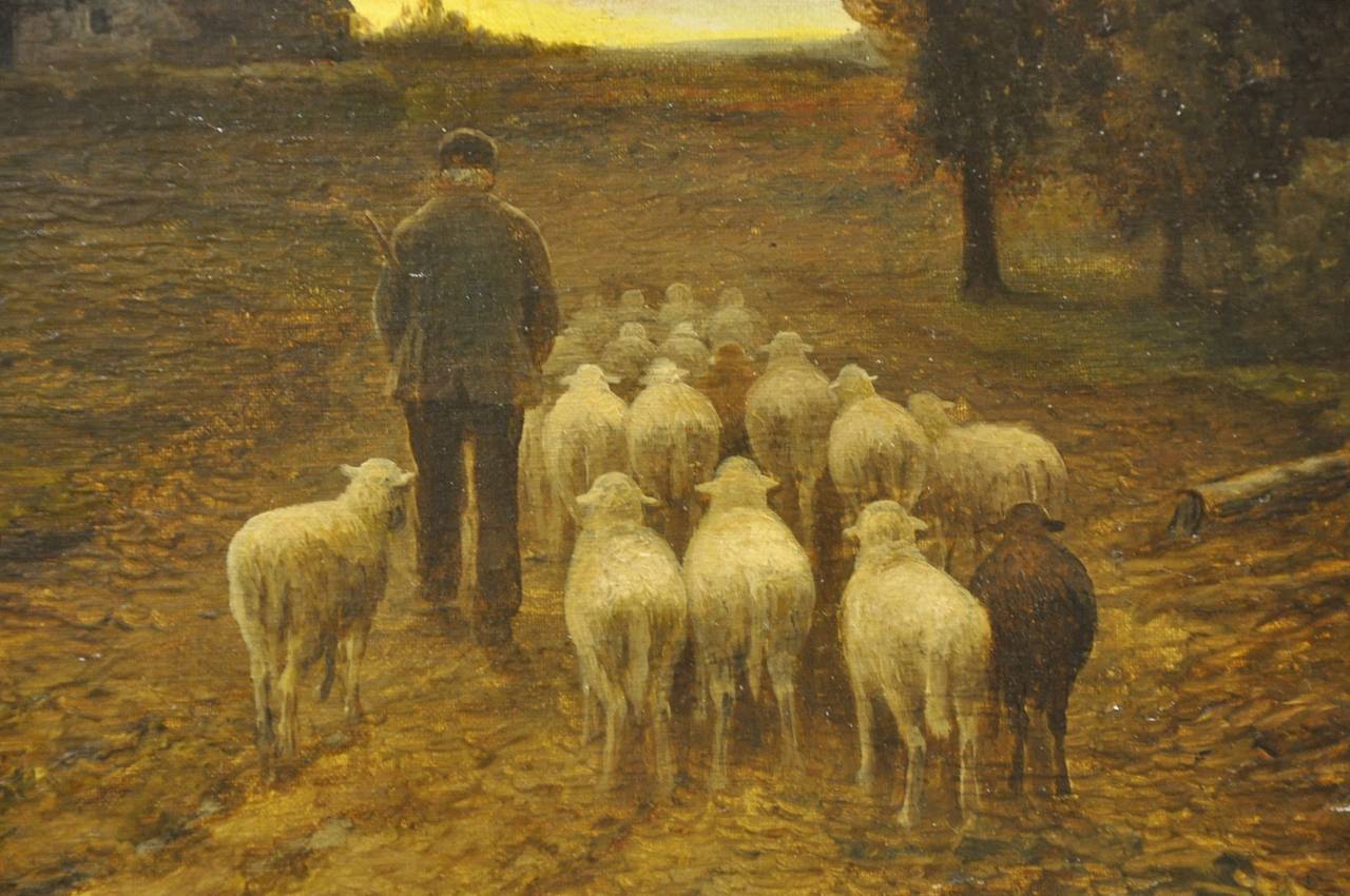 19th C. French Signed Oil on Canvas with Sheep In Excellent Condition In Dallas, TX