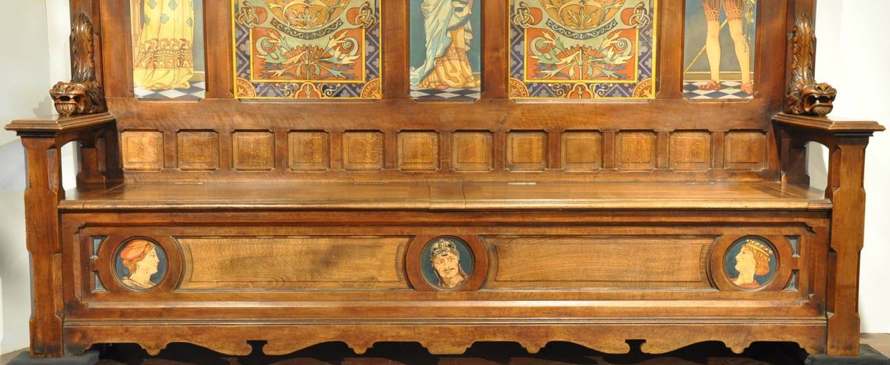 Massive 19th C. Renaissance Bench with Hand Painted Porcelains 2