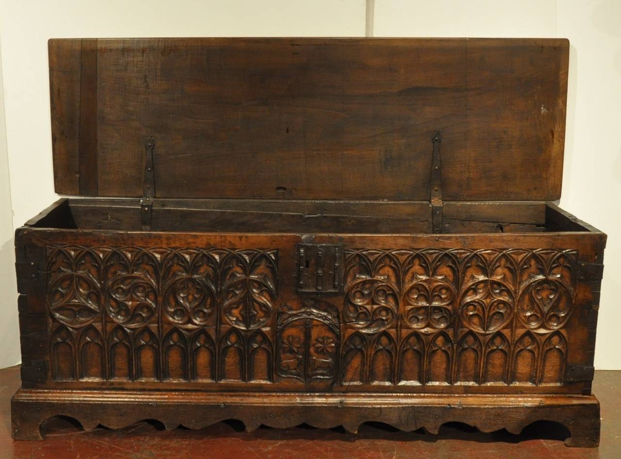 Renaissance 18th C. Carved Chestnut Spanish Trunk