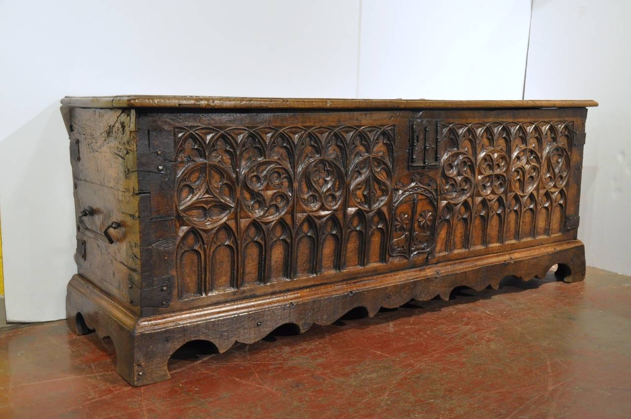 18th C. Carved Chestnut Spanish Trunk In Excellent Condition In Dallas, TX