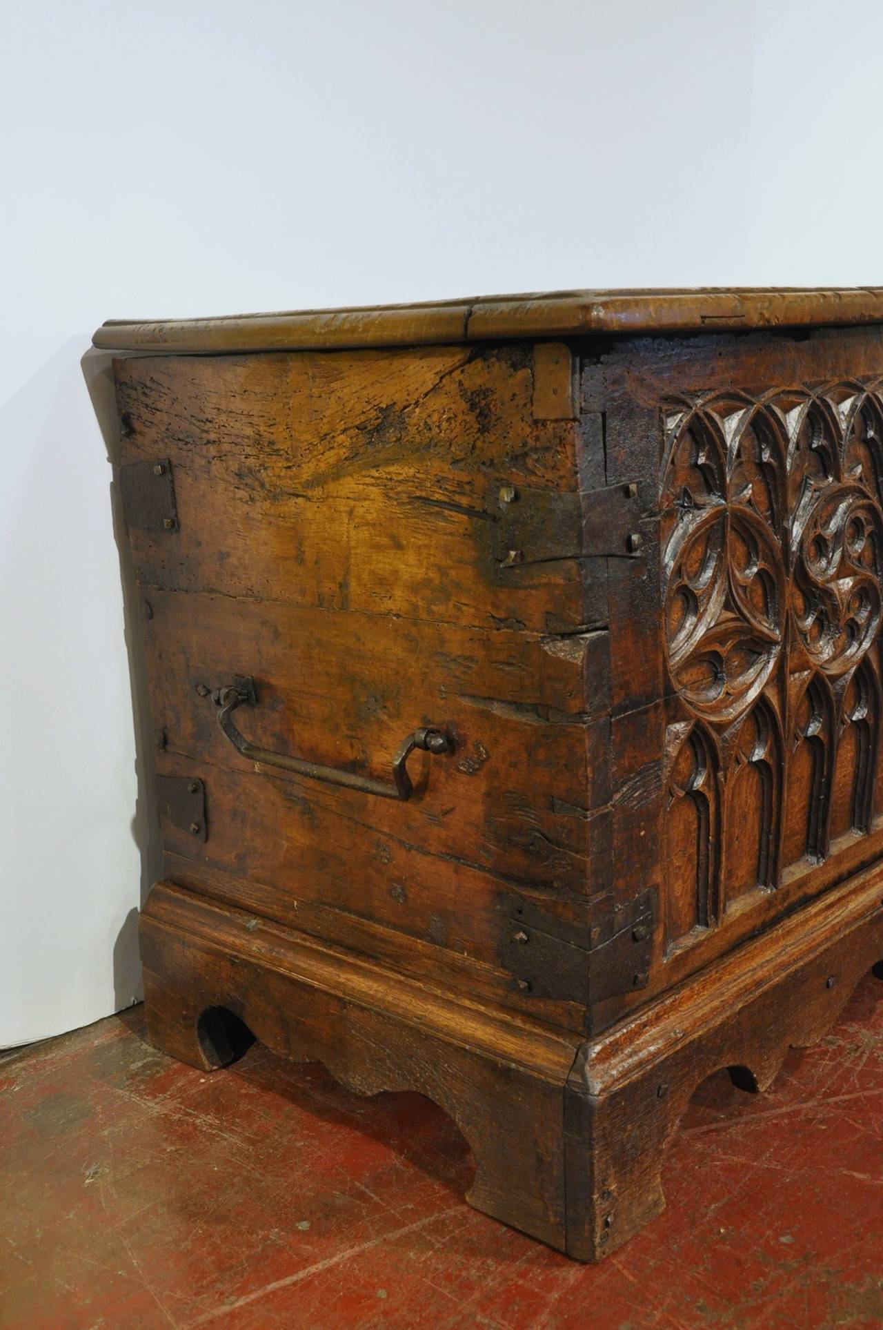 18th C. Carved Chestnut Spanish Trunk 1